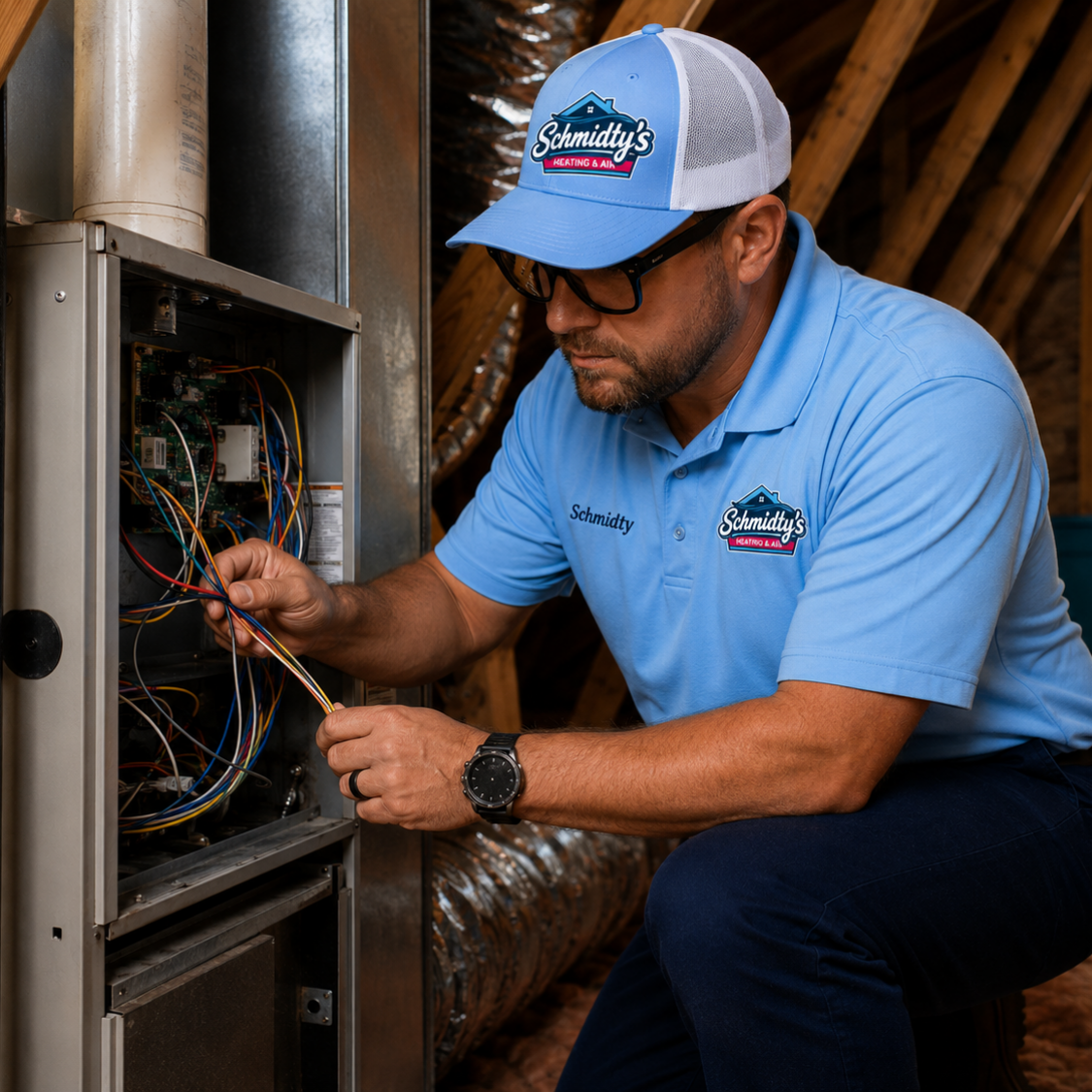 Technician in blue Schmidtys uniform repairing wiring inside a furnace in an attic.