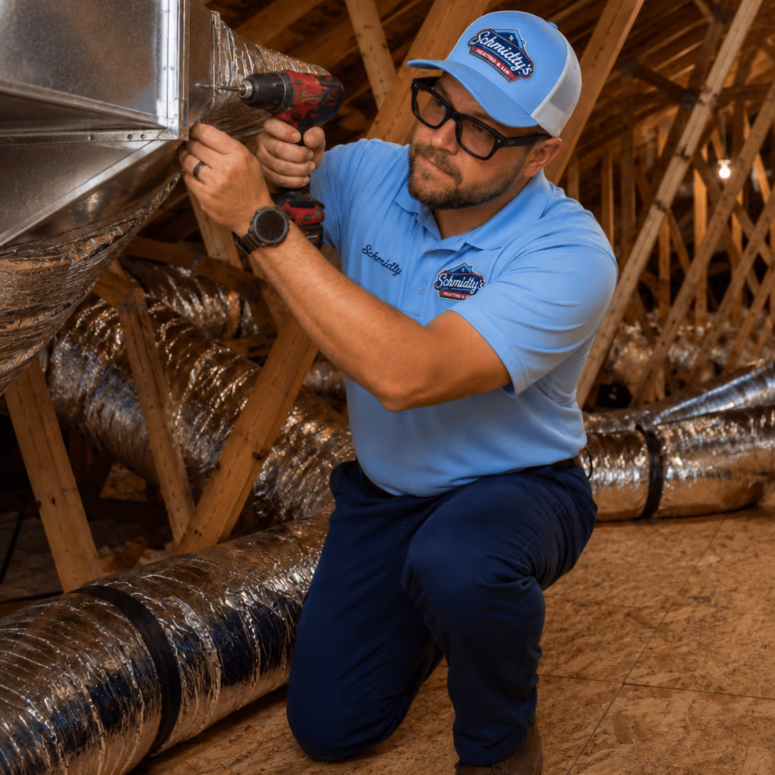 Technician in blue uniform and cap using drill to install or repair ductwork in attic.
