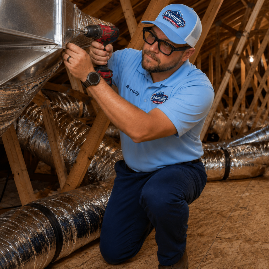 Technician in blue uniform and cap using drill to install or repair ductwork in attic.