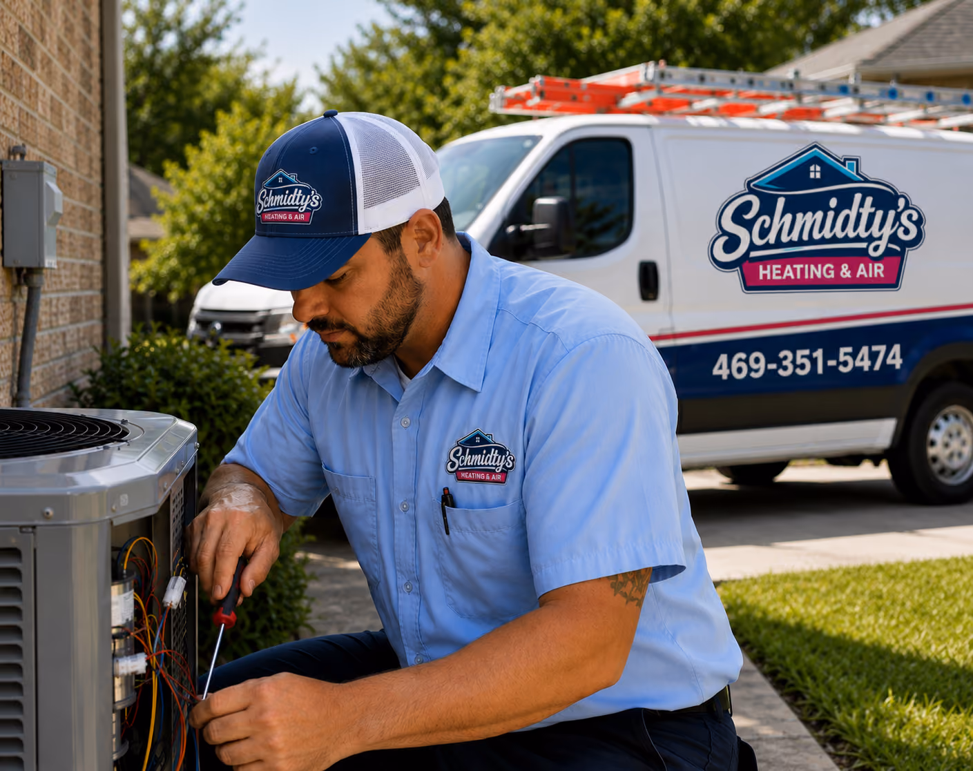 Schmidty Heating and Air working on an HVAC condenser