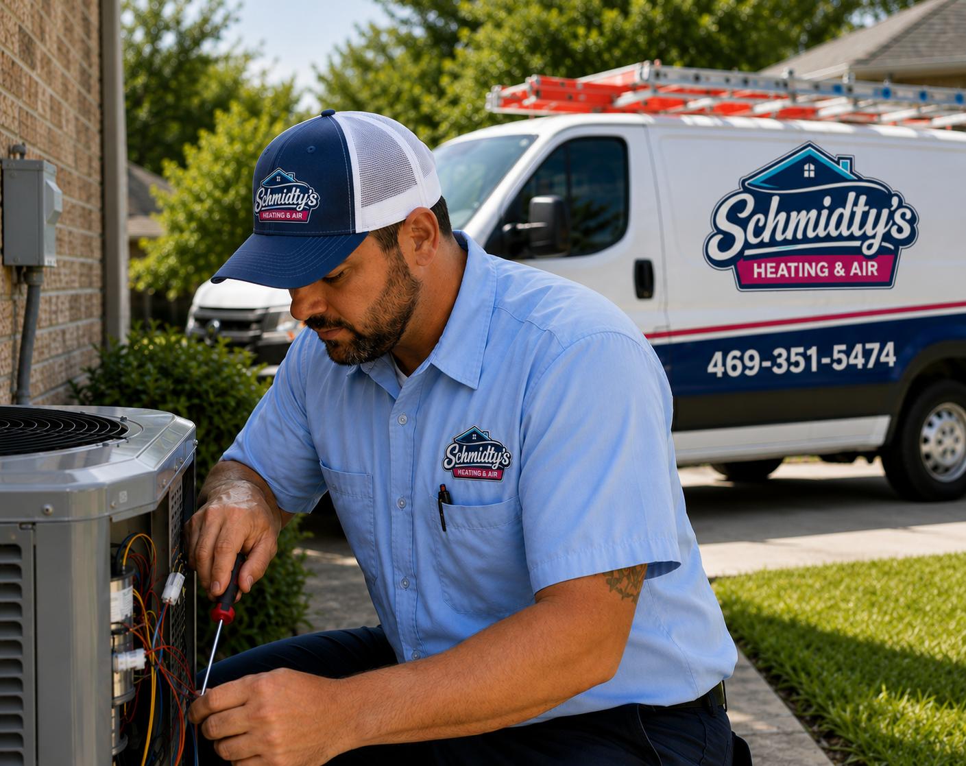 Schmidty Heating and Air working on an HVAC condenser
