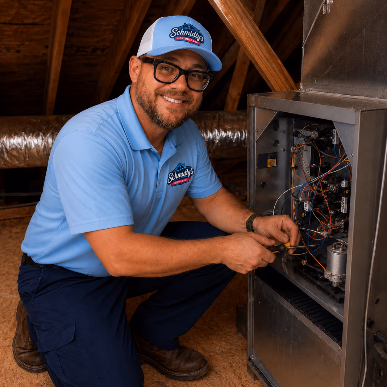 Technician in blue Schmidty's uniform repairs wiring inside a heating unit in an attic.