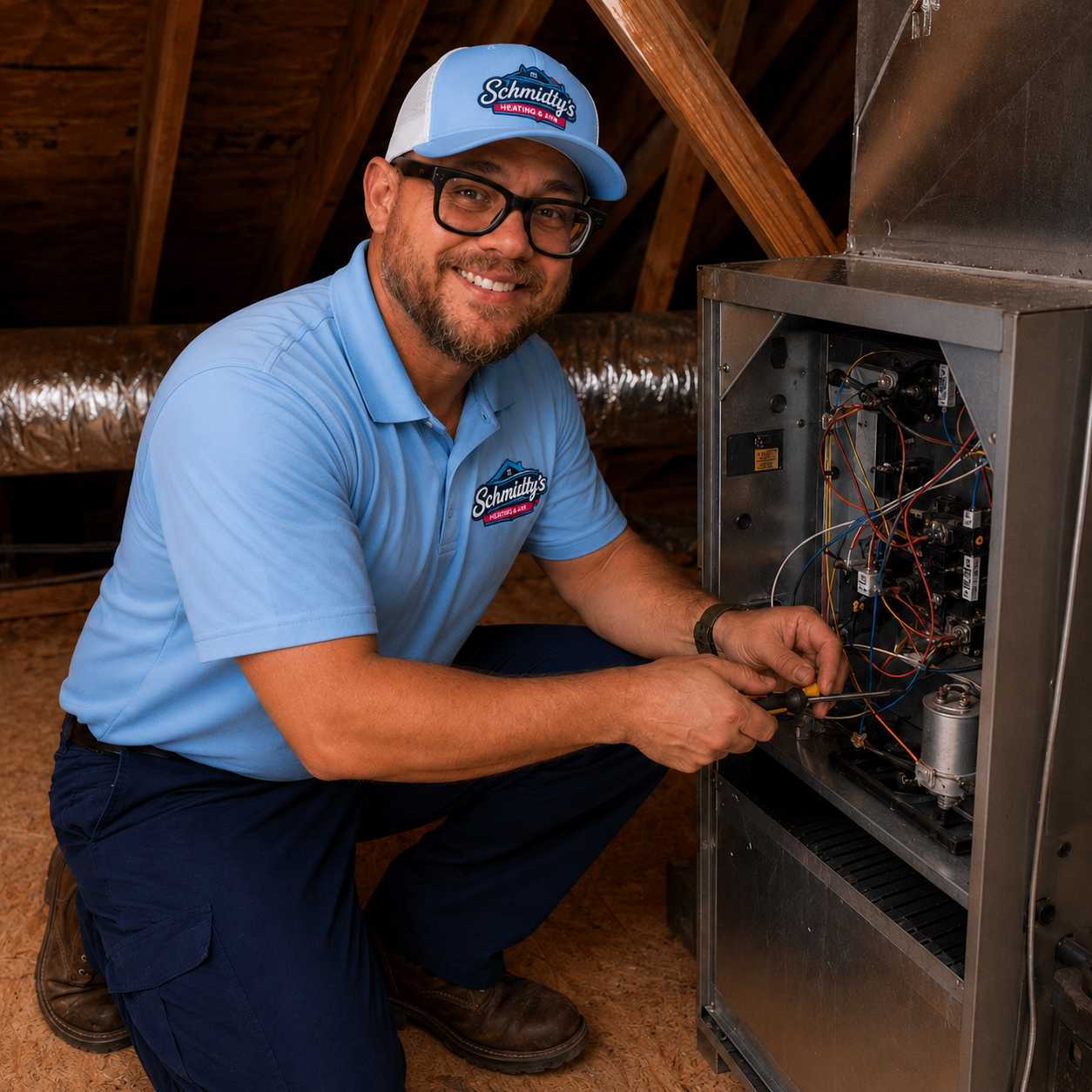 Technician in blue Schmidty's uniform repairs wiring inside a heating unit in an attic.