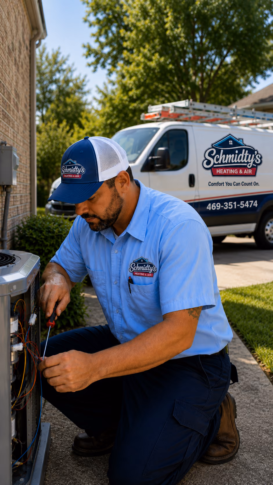 Technician in Schmidty's Heating & Air uniform repairing an outdoor HVAC unit by a house.