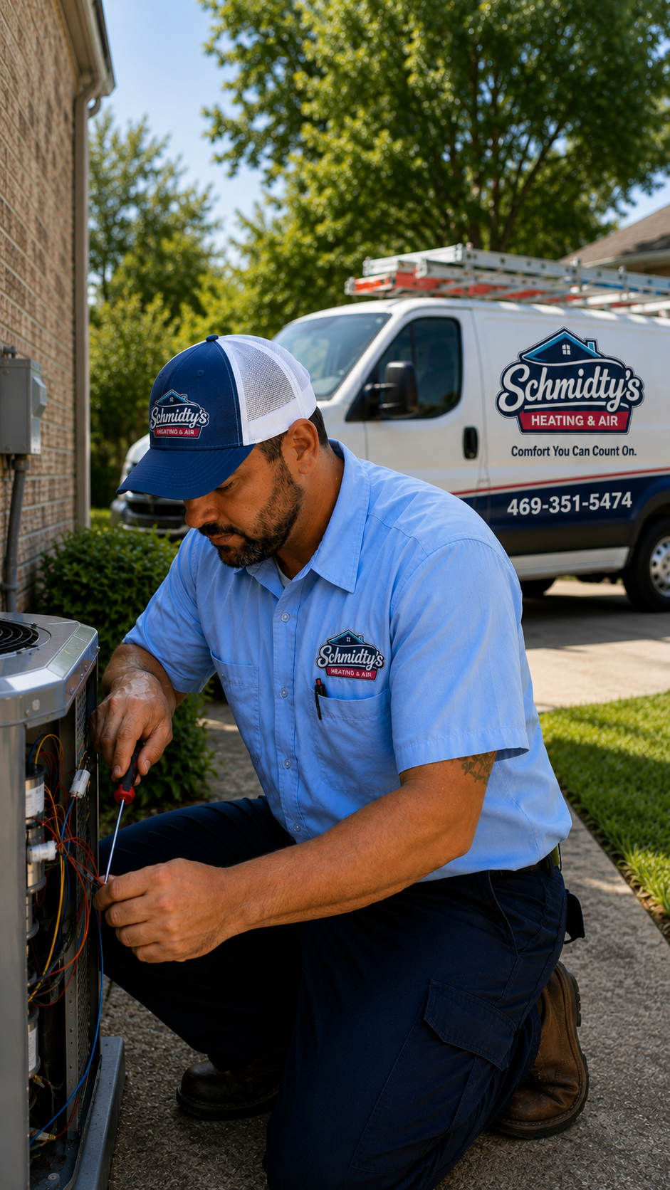Technician in Schmidty's Heating & Air uniform repairing an outdoor HVAC unit by a house.