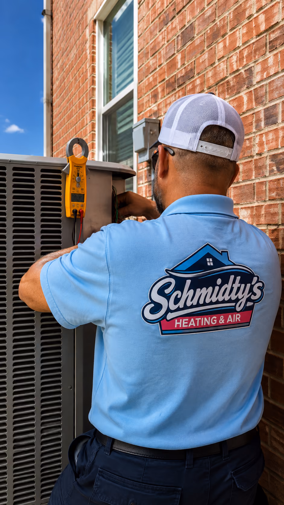 Technician from Schmidty's Heating & Air repairing an outdoor air conditioning unit by a brick house.