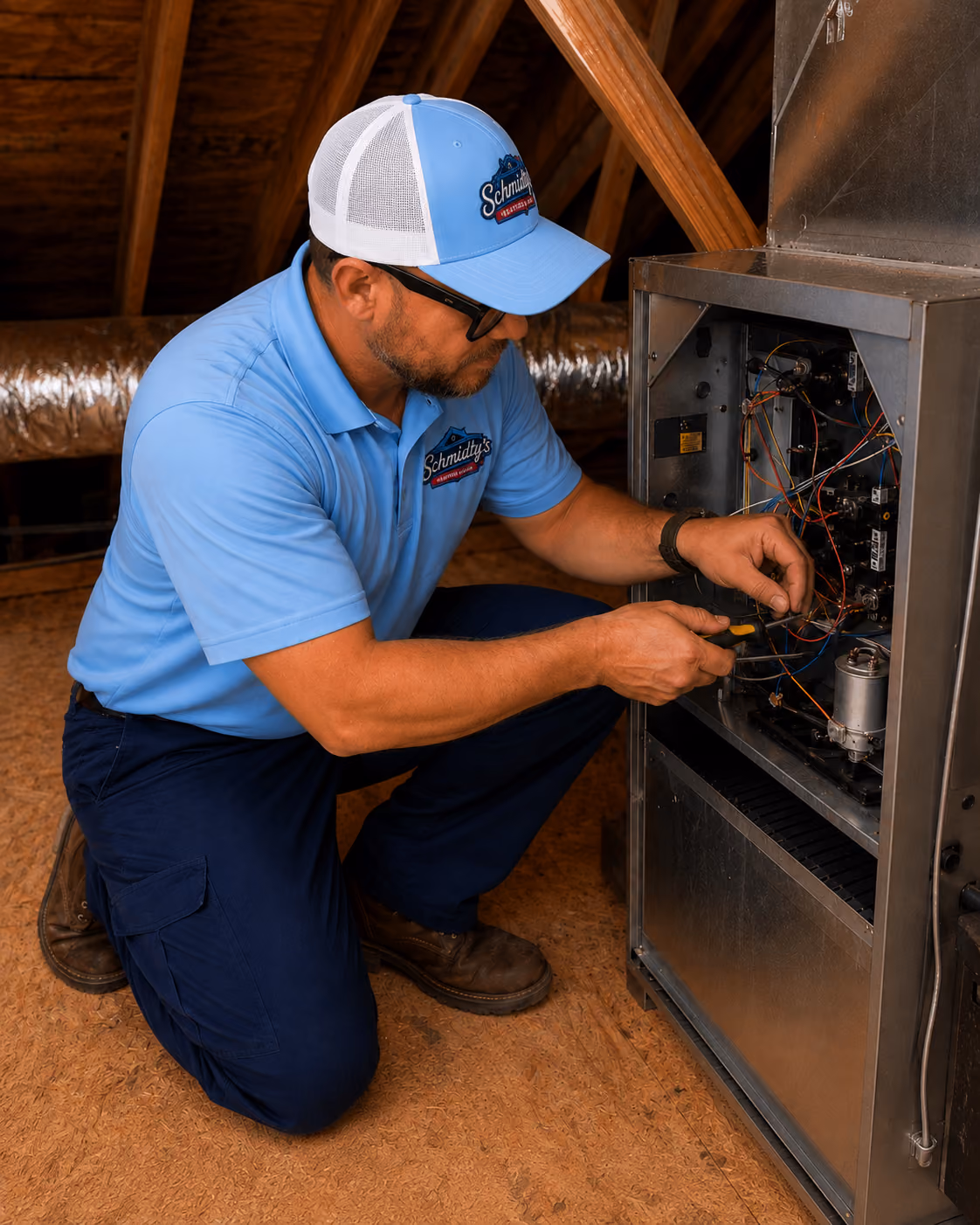 Technician in blue uniform repairing wiring inside a metal HVAC unit in an attic.