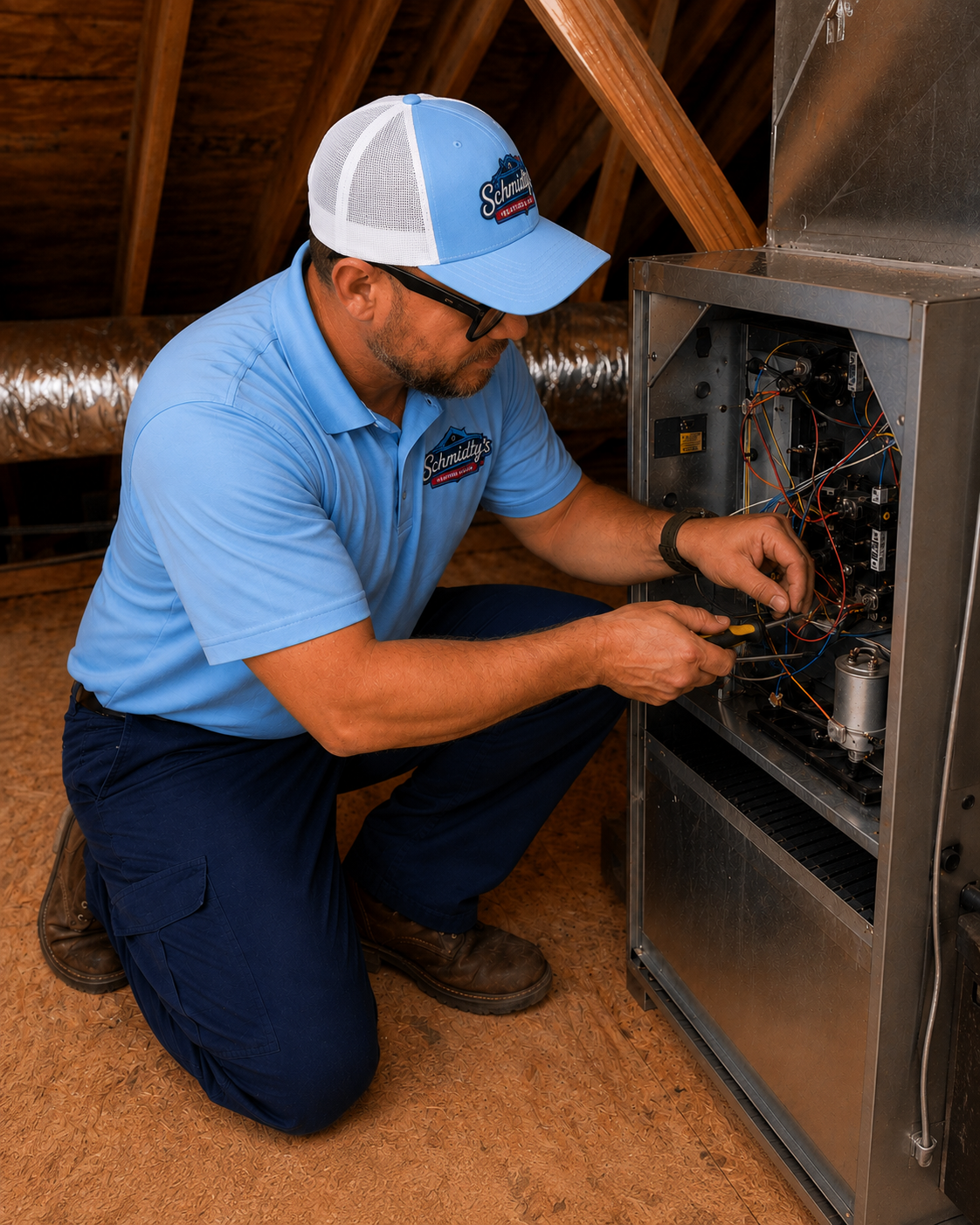 Technician in blue uniform repairing wiring inside a metal HVAC unit in an attic.