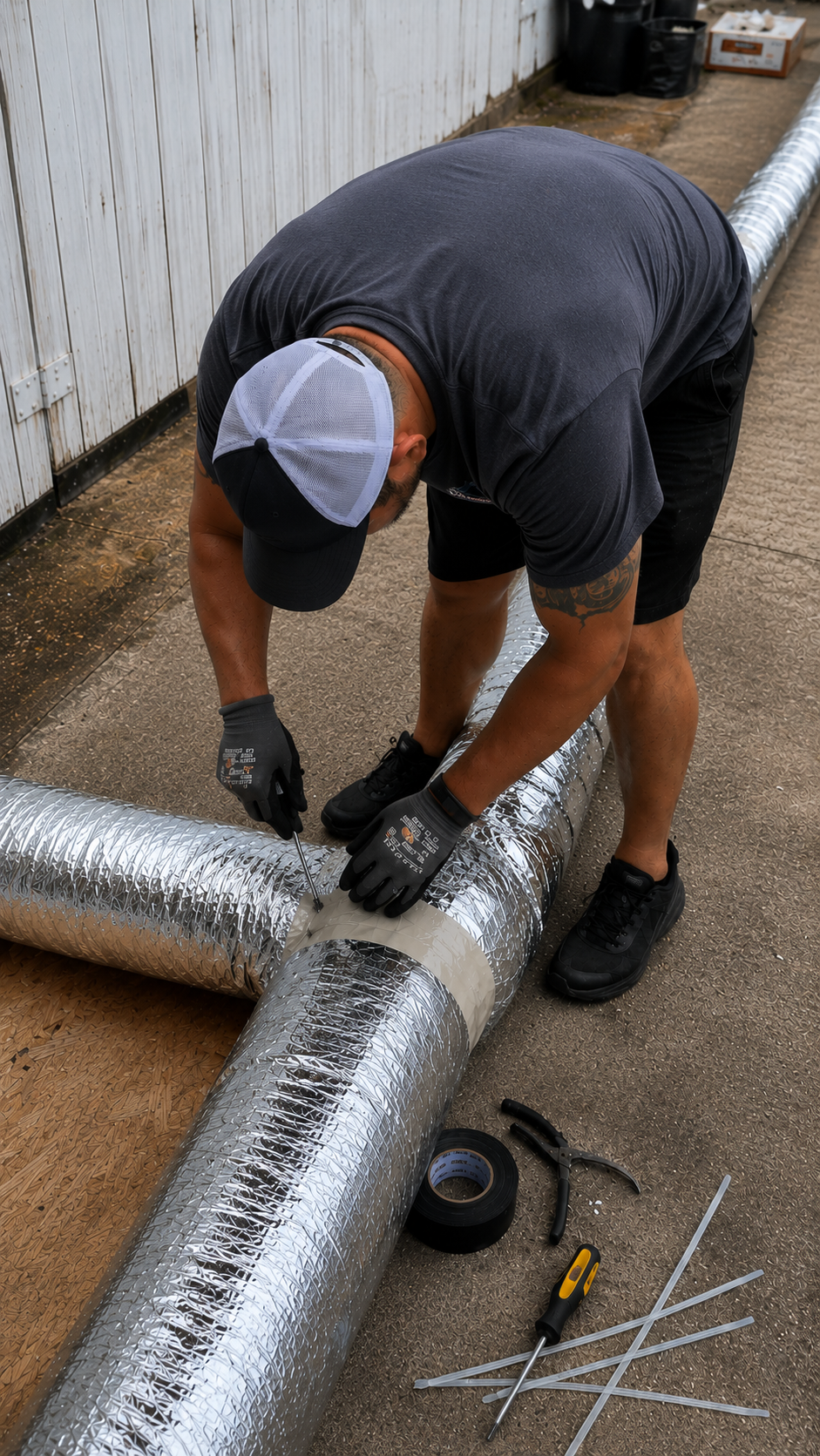 Man wearing gloves and cap working on connecting insulated HVAC ducts with tape and tools on concrete floor.