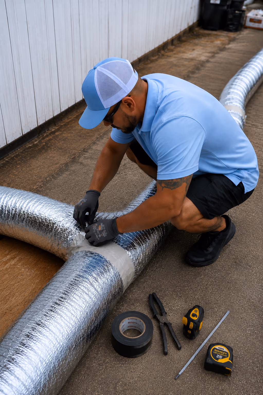 Man in blue shirt and cap taping silver insulated duct pipes outdoors with tools nearby.