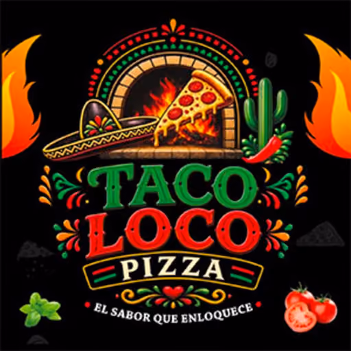 Colorful Taco Loco Pizza logo with a pizza slice, sombrero, cactus, chili, and tomatoes on black background.