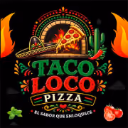 Taco Loco Pizza logo with a slice of pizza and taco, colorful flames and cacti on black background.