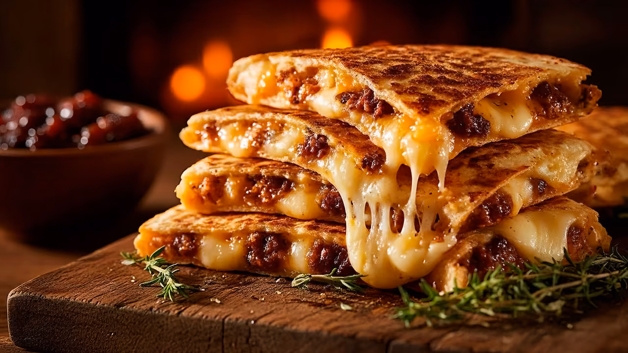 Stack of cheesy quesadilla slices with melted cheese and seasoned meat on a wooden board.