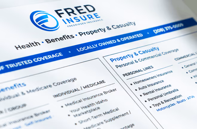Fred Insure insurance brochure showing coverage options for health, benefits, and property.