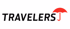 Travelers company logo with black text and a red umbrella icon.