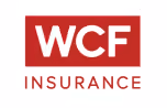 WCF Insurance logo with white text on a red background.