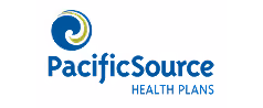 PacificSource Health Plans logo with blue text and green-blue swirl icon.