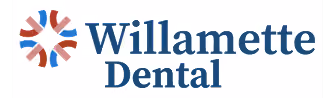 Willamette Dental company logo with blue text and circular icon of teeth shapes.