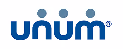 Unum company logo with lowercase blue letters and three blue dots above the letters.