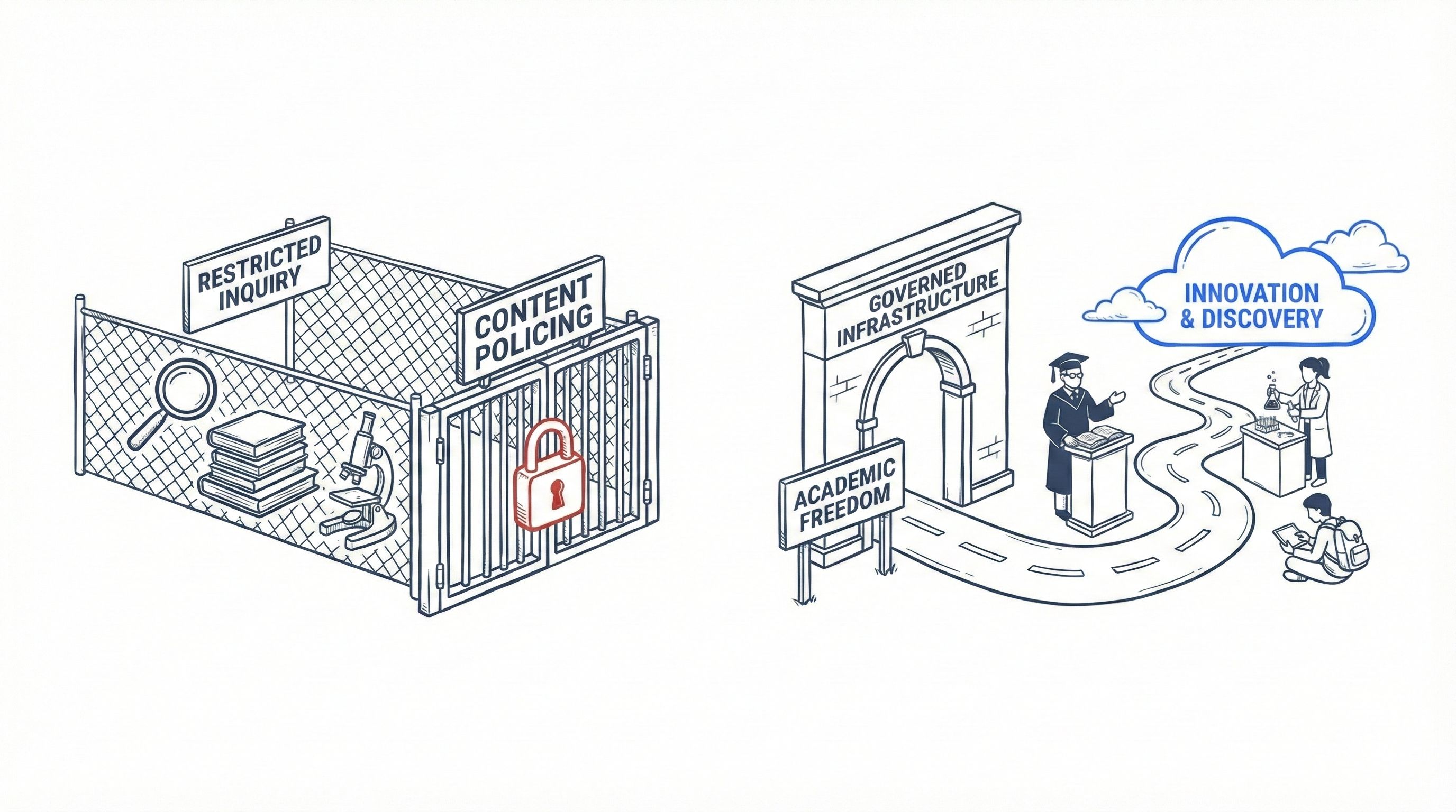 Contrast between restricted inquiry and content policing on one side and governed infrastructure that preserves academic freedom and enables innovation and discovery on the other.