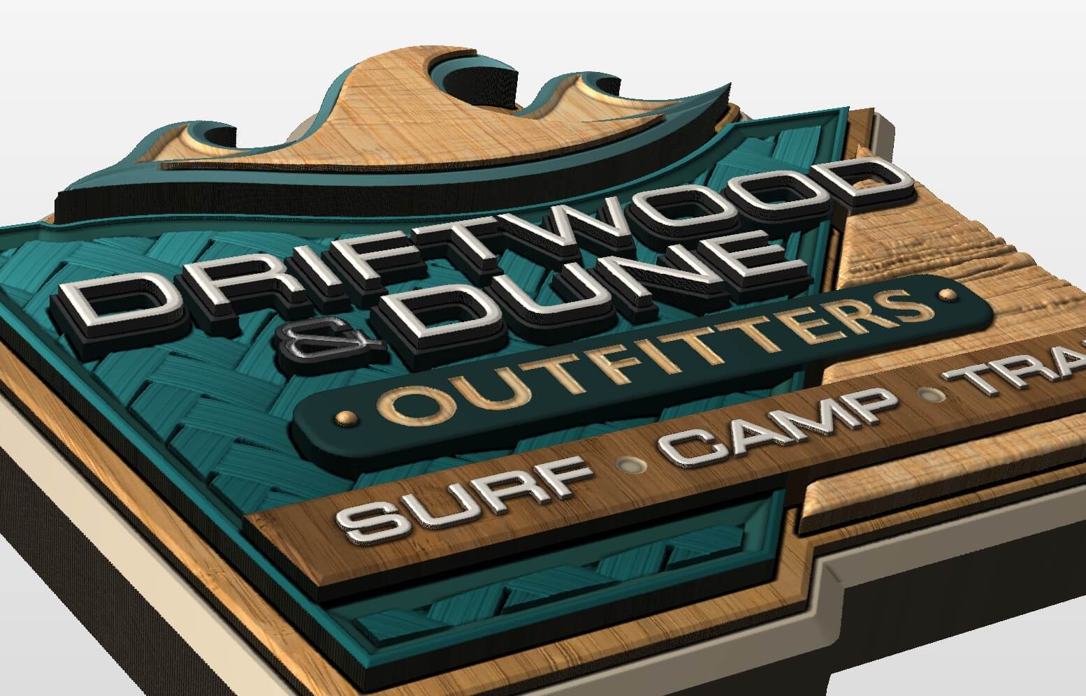 Wood and teal sign for Driftwood & Dune Outfitters offering surf, camp, and trail gear.