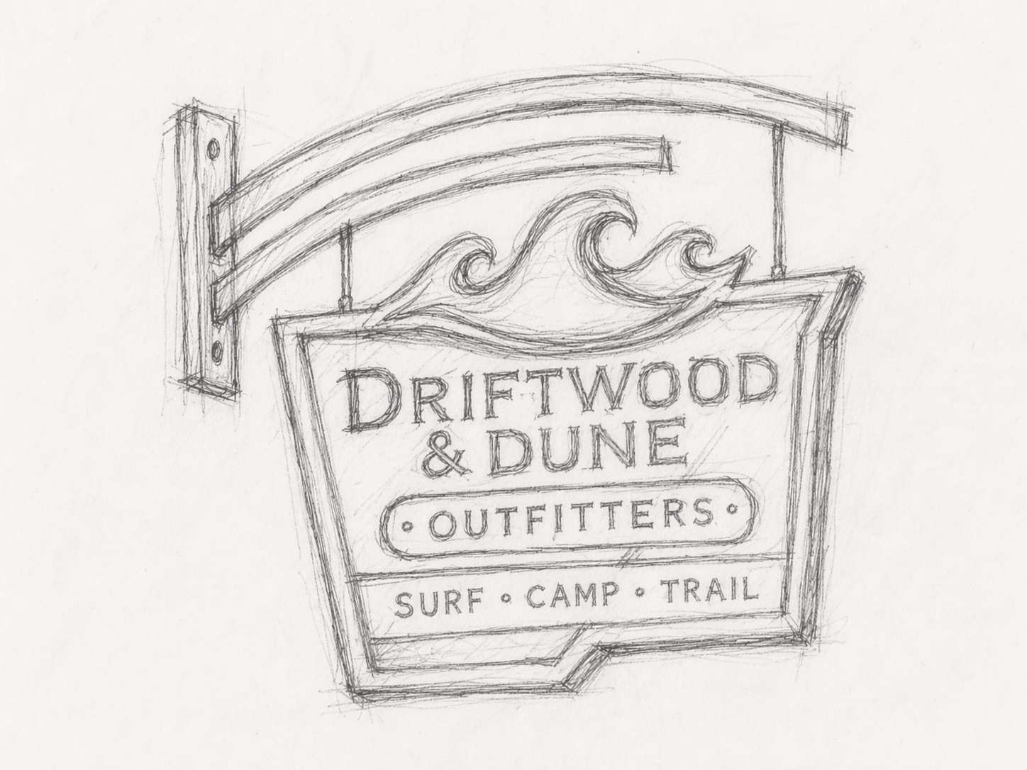 Pencil sketch of a hanging sign with waves and text: Driftwood & Dune Outfitters, Surf, Camp, Trail.