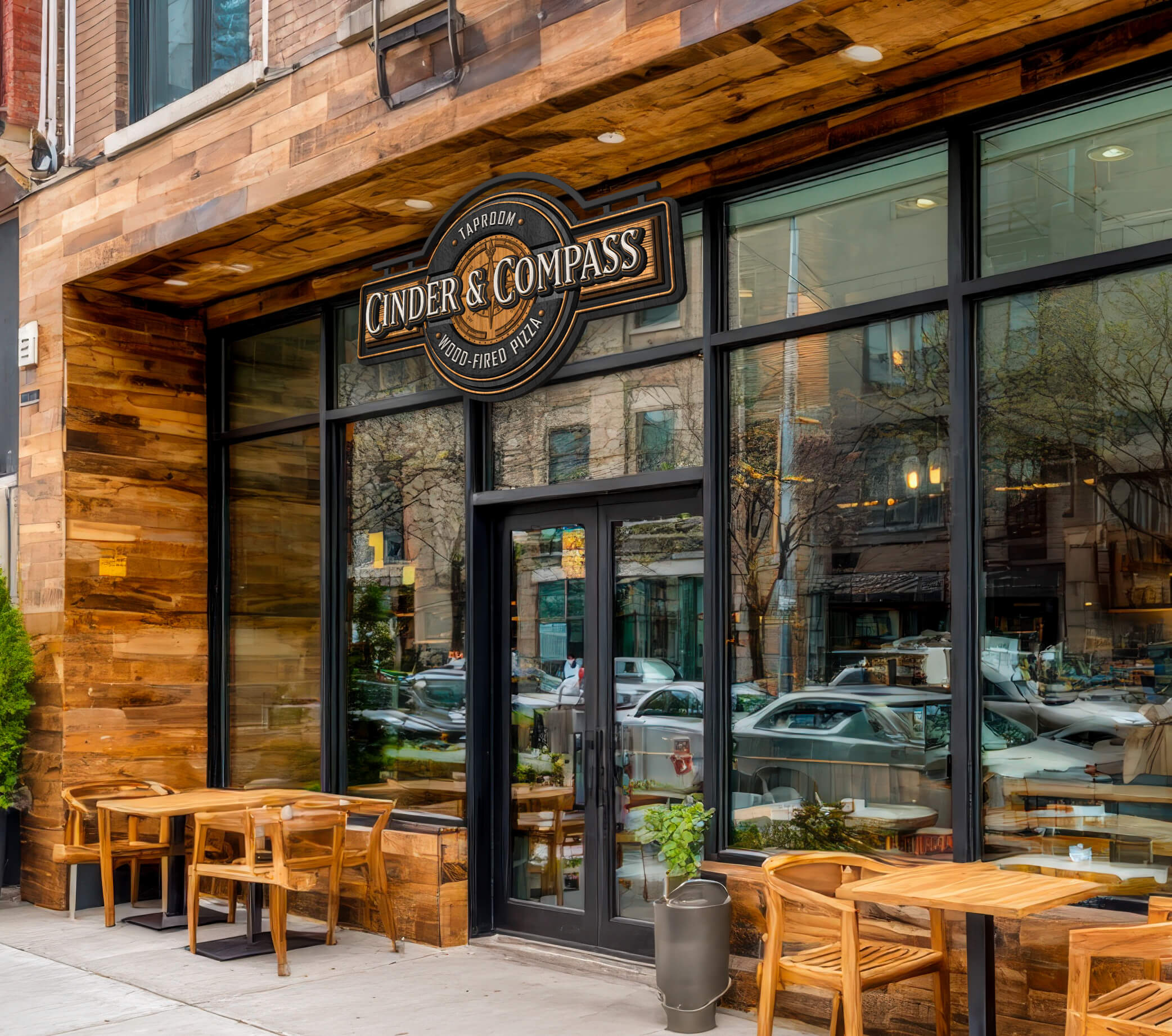 Outdoor patio with wooden tables and chairs outside Cinder & Compass wood-fired pizza taproom.