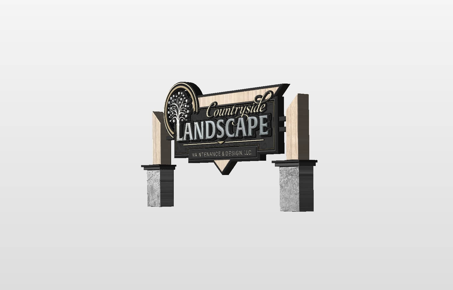 Outdoor sign for Countryside Landscape Maintenance & Design with tree logo on pillars.