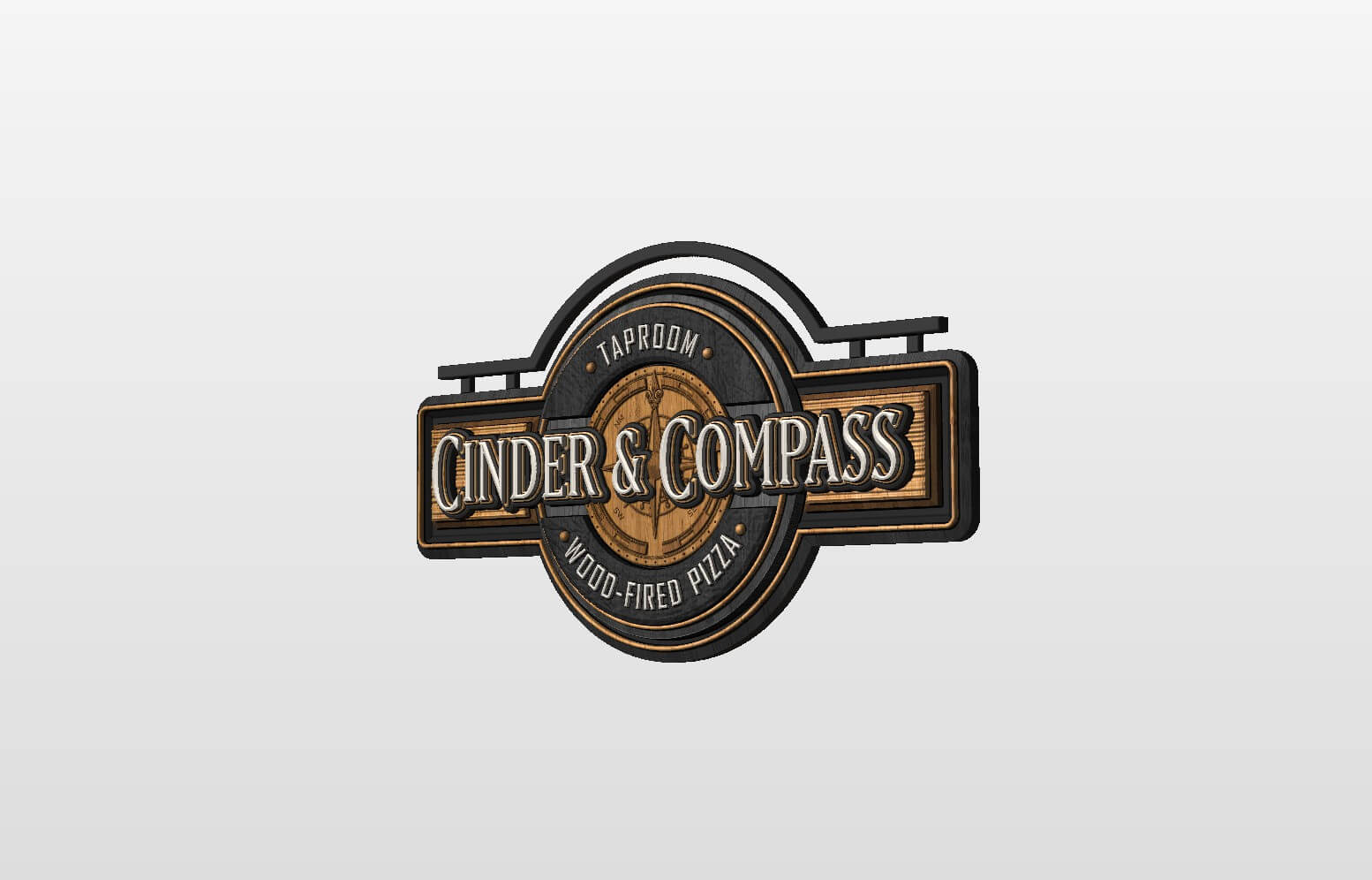 Sign for Cinder & Compass taproom serving wood-fired pizza with a compass design.