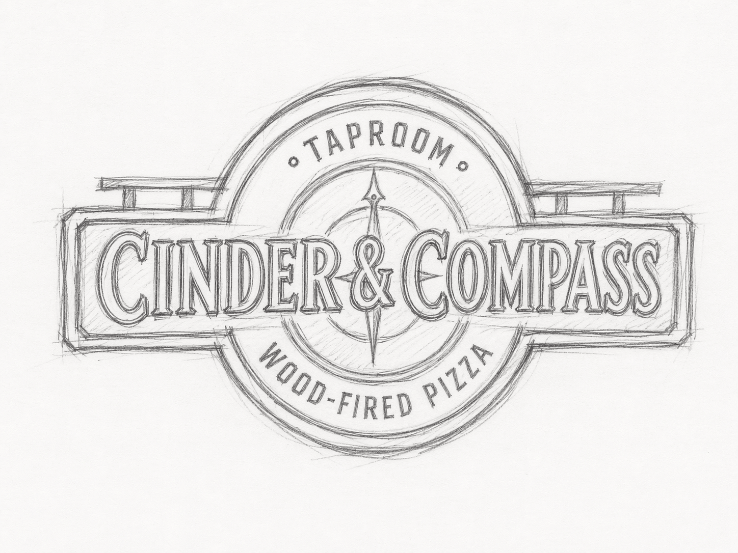 Sketch of Cinder & Compass Taproom logo featuring a compass and wood-fired pizza text.
