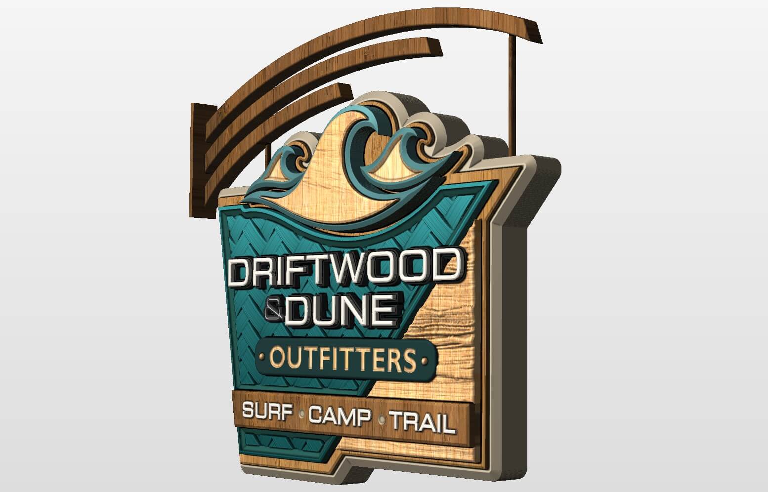 3D wooden sign for Driftwood & Dune Outfitters with waves and text Surf Camp Trail.