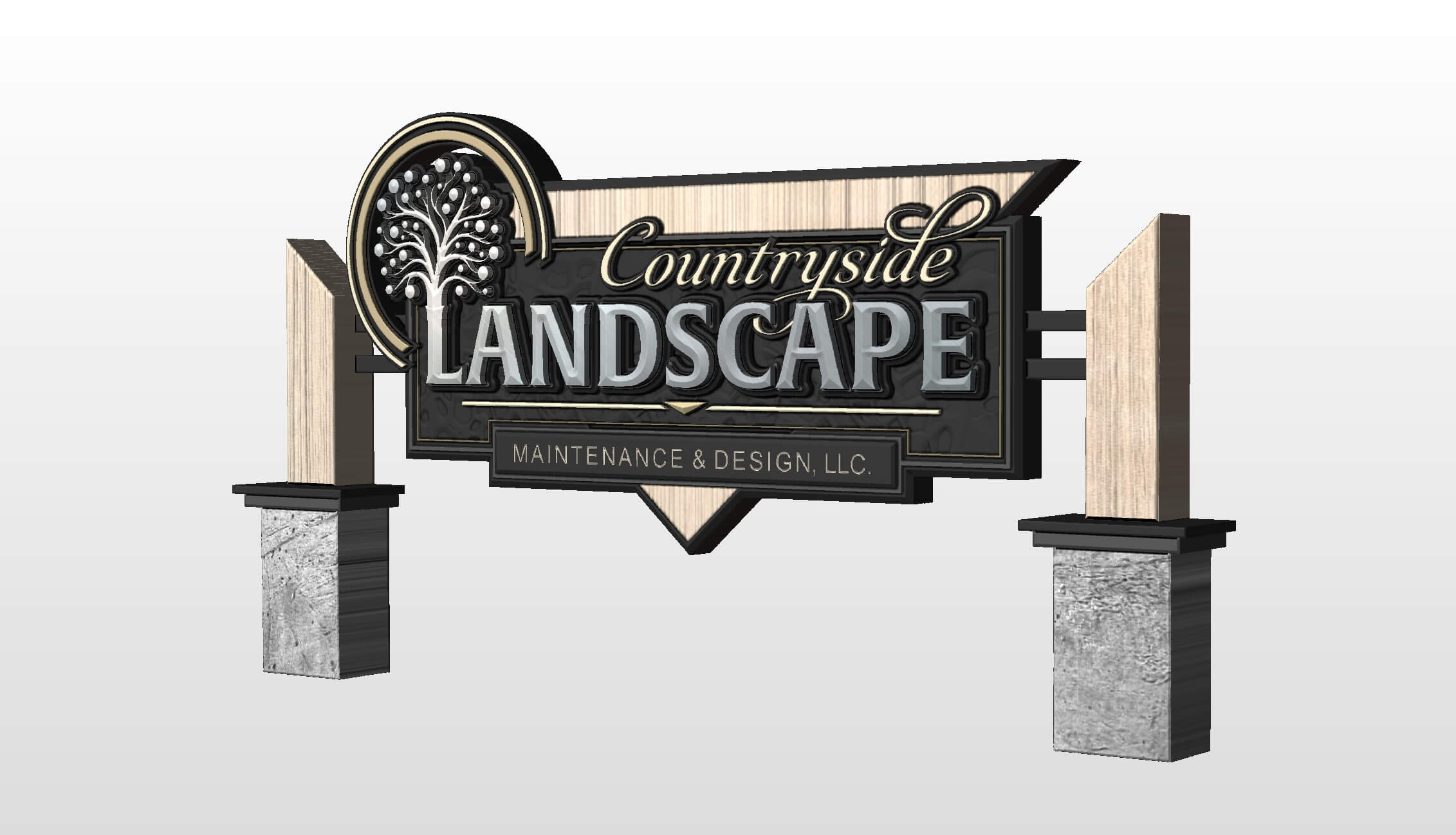 Wood and stone sign reading Countryside Landscape Maintenance & Design, LLC with tree logo.
