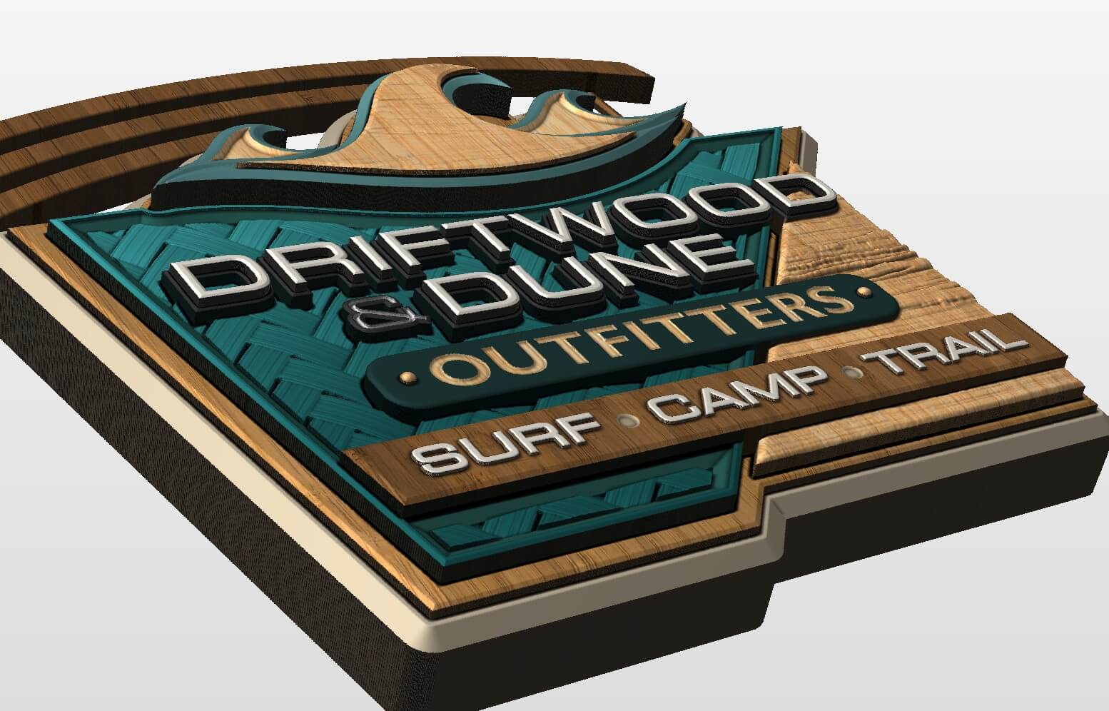 3D wooden sign for Driftwood & Dune Outfitters with waves and text Surf Camp Trail.