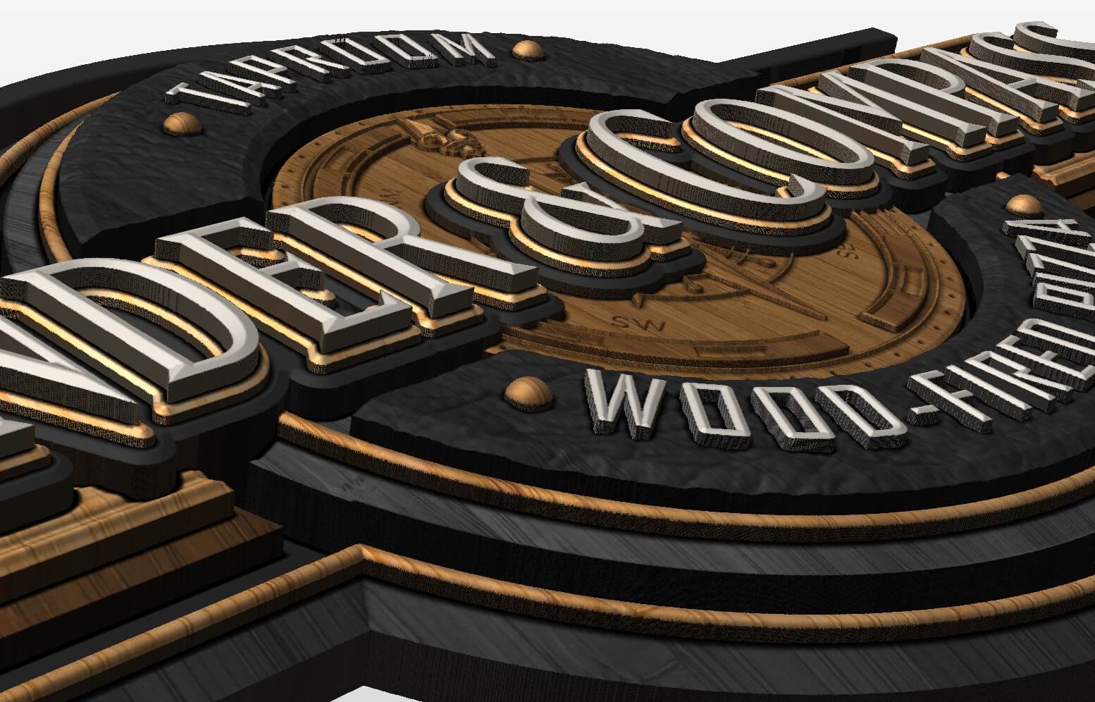 3D wooden and metal sign with the text 'UNDER & COMPASS' and 'WOOD-FIRED PIZZA'.