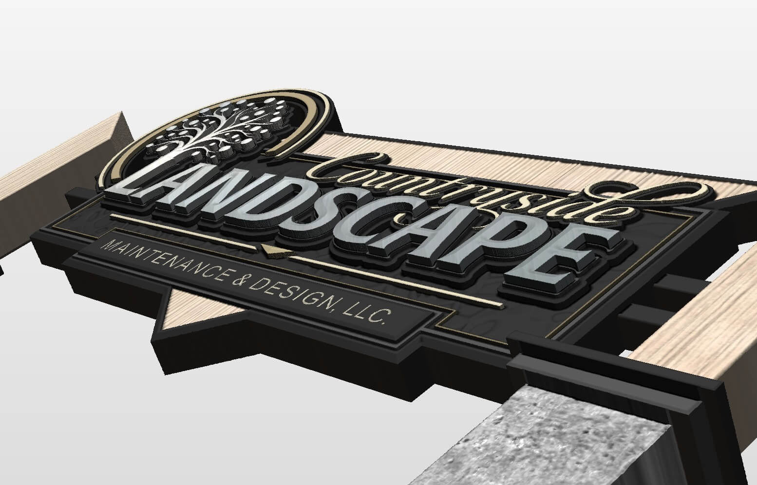 3D sign reading Countryside Landscape Maintenance & Design, LLC with a tree graphic on top left.
