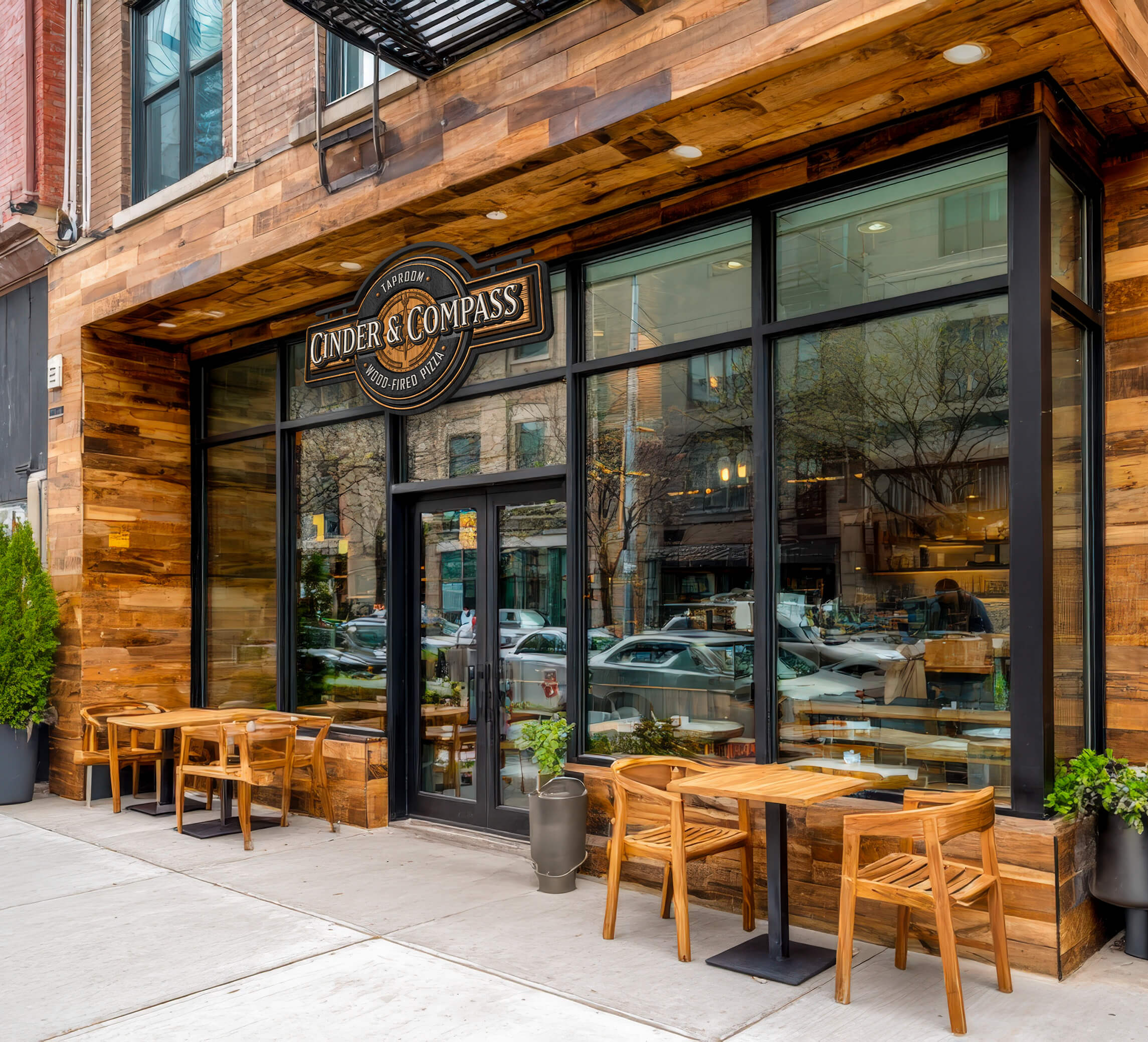 Exterior of Cinder & Compass wood-fired pizza taproom with wooden tables and chairs outside.