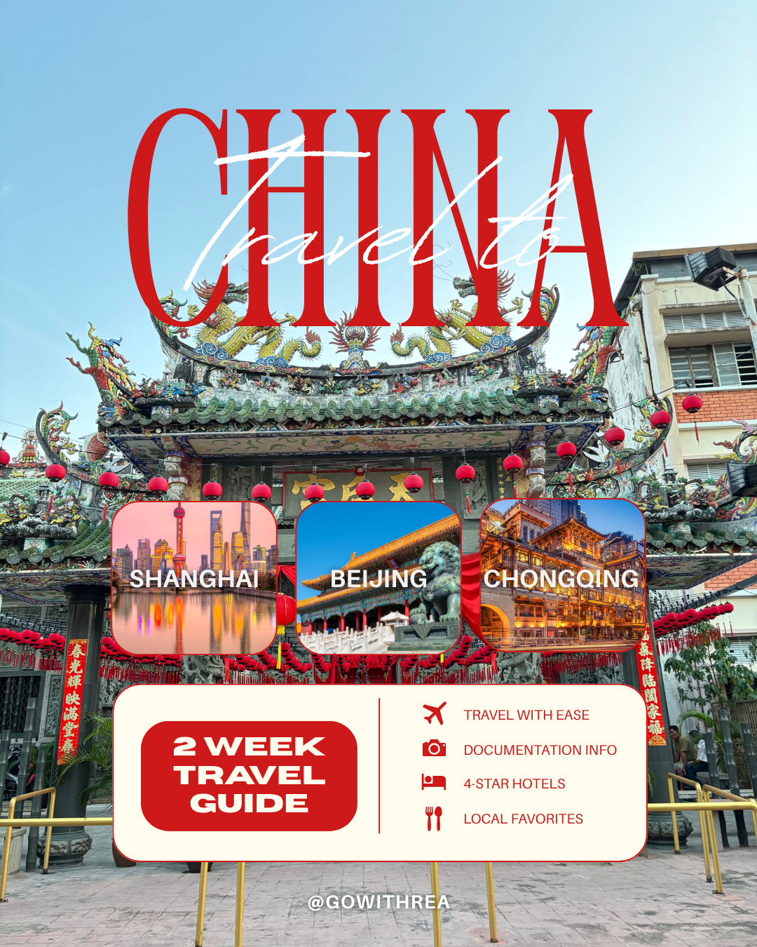 Travel guide cover with Chinese temple background, featuring Shanghai, Beijing, Chongqing highlights and travel tips.