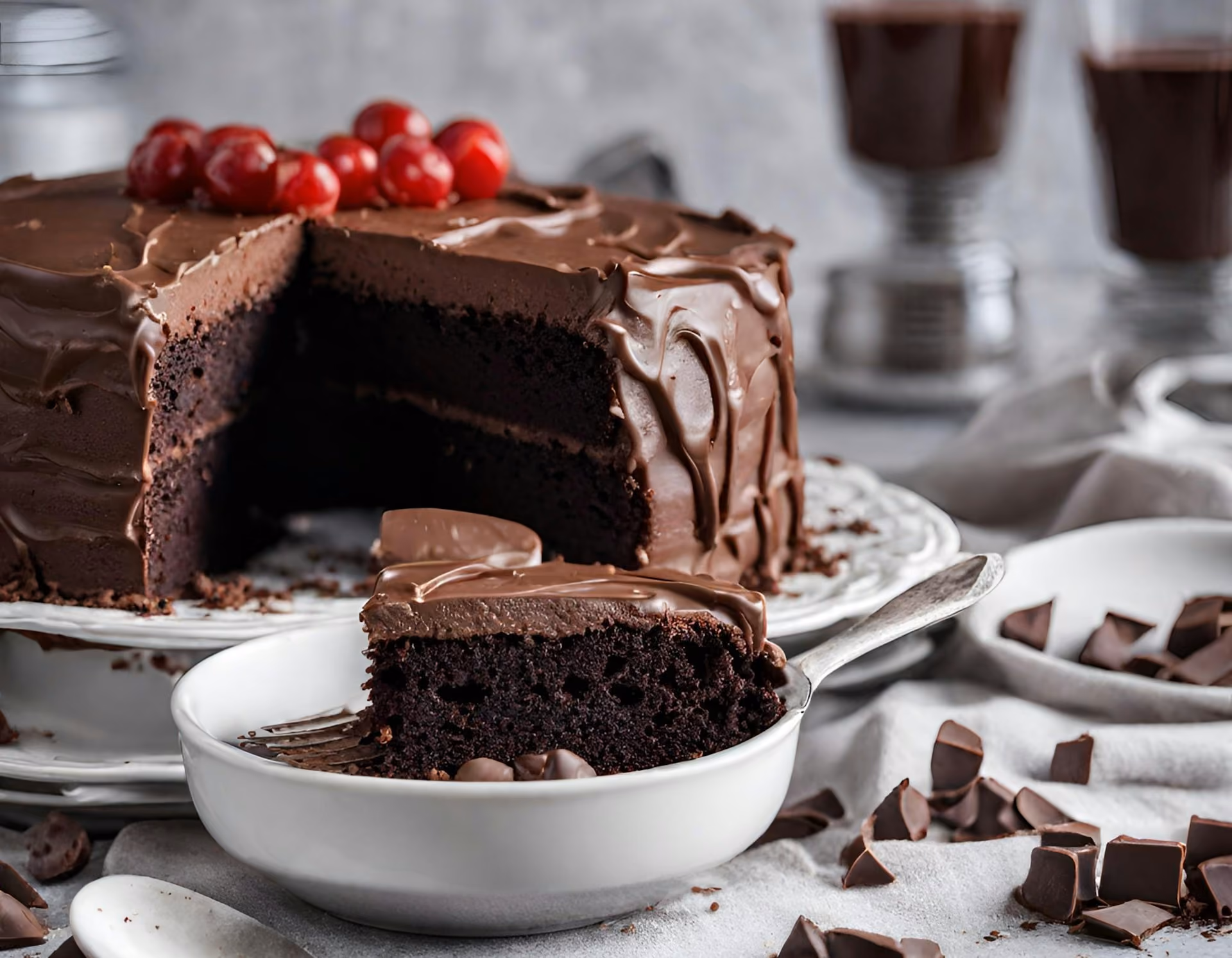 Slice of chocolate cake with chocolate frosting and cherries on top, with chocolate chunks around.
