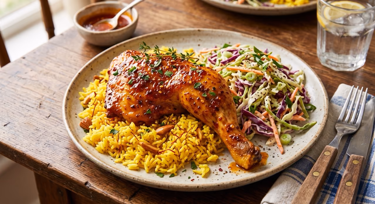 Plate with glazed roasted chicken leg on yellow rice with almonds and side of coleslaw salad.