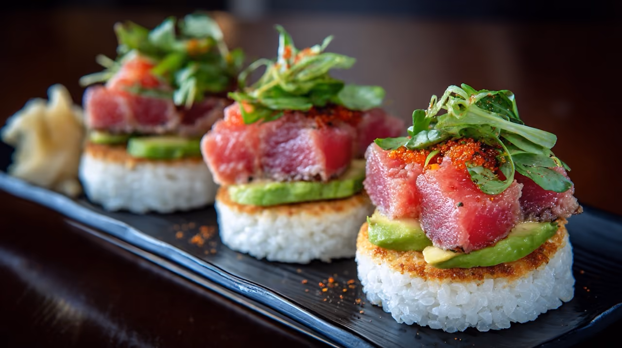 Three pieces of sushi with rice base, avocado, seared tuna, and greens on a black plate.