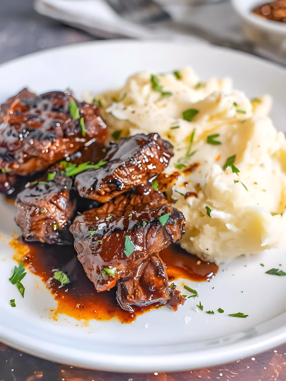 Plate with glazed beef tips in rich sauce served with mashed potatoes and parsley garnish.