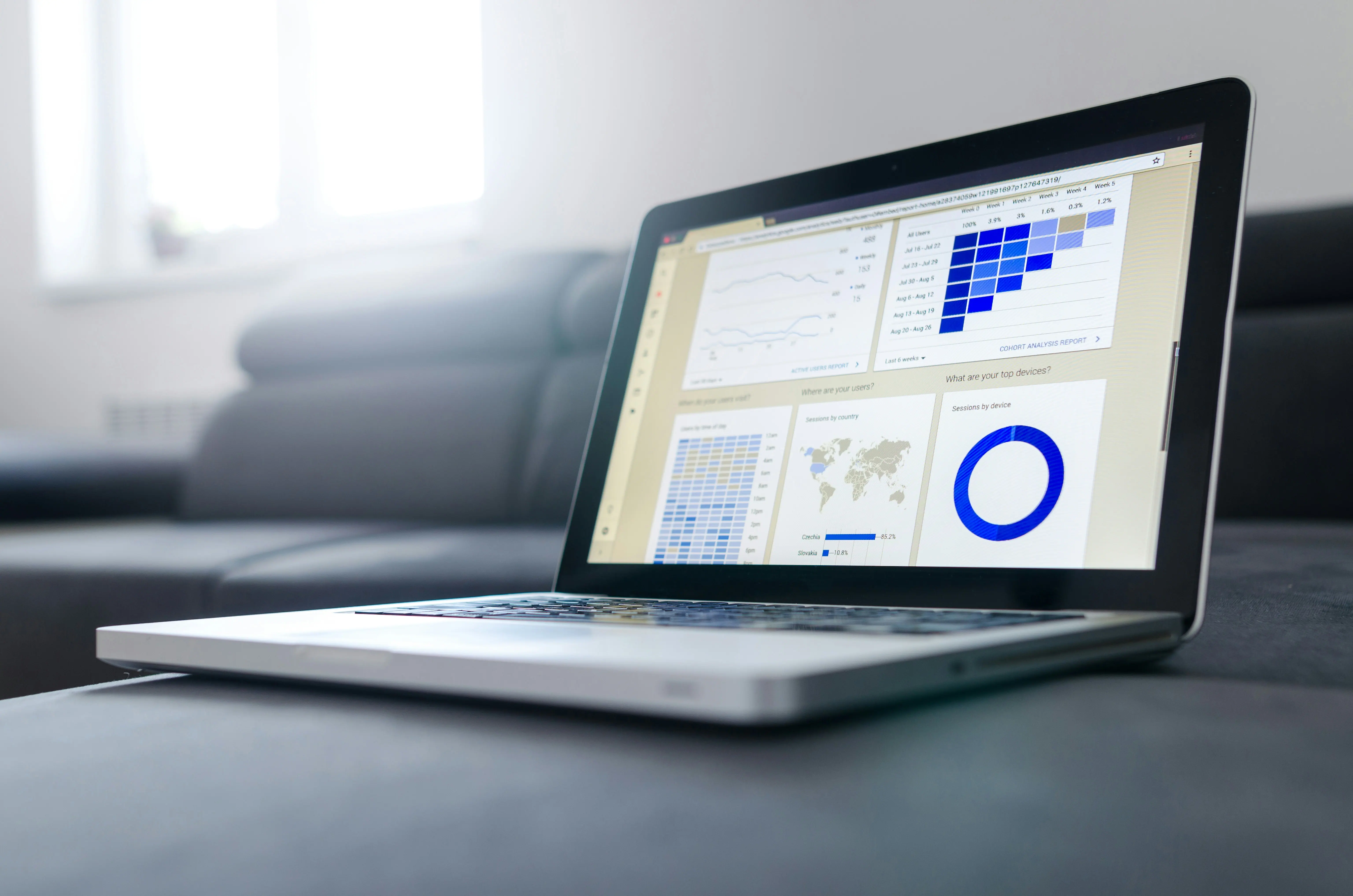 A laptop displaying colorful business-intelligence dashboards and charts