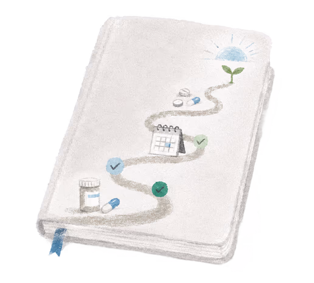 Illustration of a journal mapping a tapering path from a pill bottle to a growing sprout
