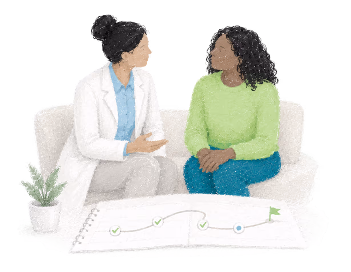 Illustration of a clinician and patient discussing a personalized tapering plan