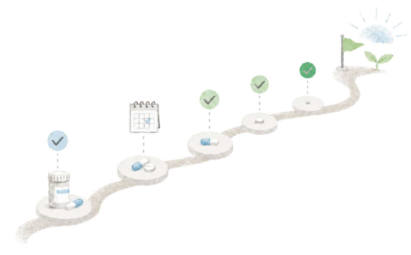 Illustration of a step-by-step antidepressant tapering path leading to a finish flag