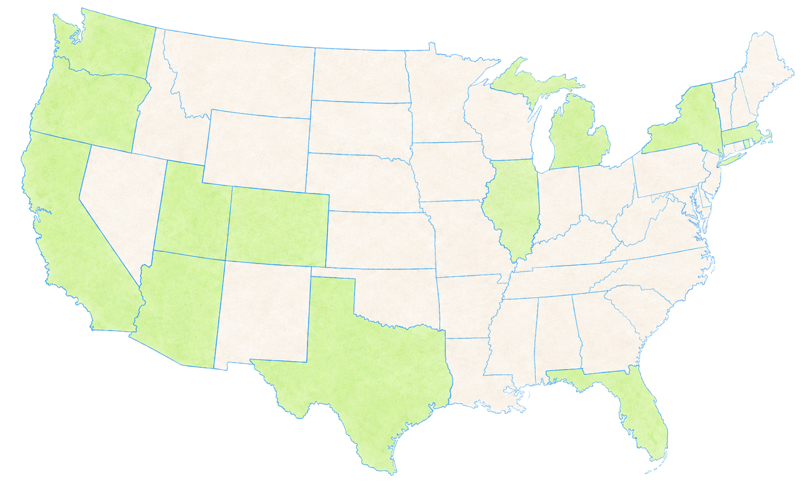 US map of the 14 states where Outro Health's tapering program is available: Arizona, California, Colorado, Connecticut, Florida, Illinois, Michigan, New Jersey, New York, Oregon, Pennsylvania, Texas, Utah and Washington