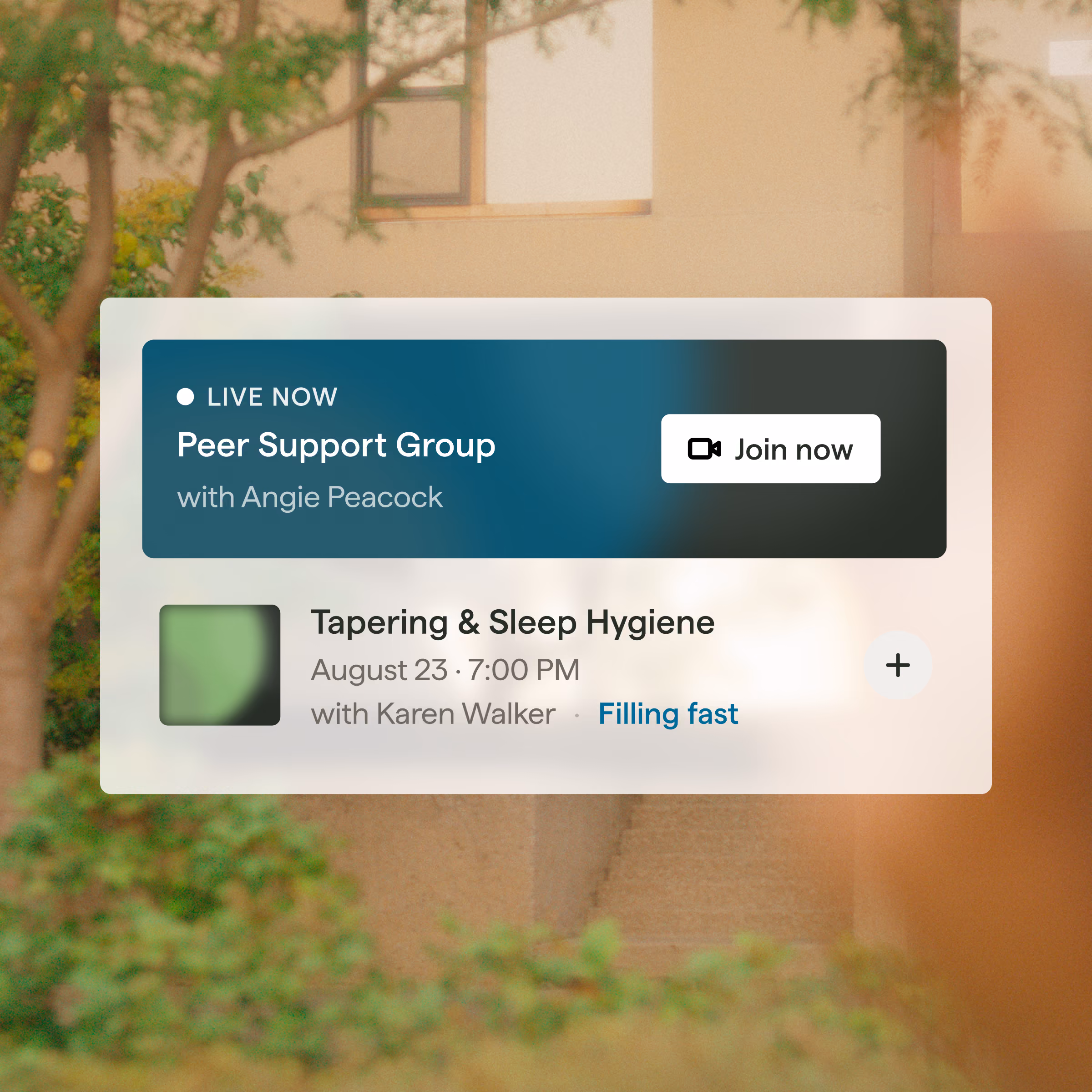 Outro Health app showing a live peer support group and a tapering and sleep hygiene session