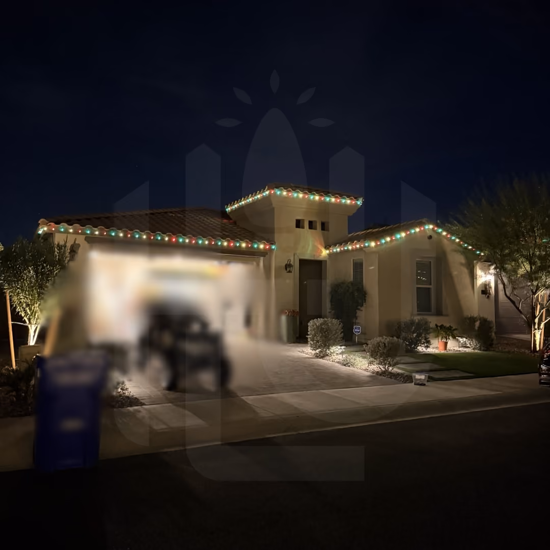 Beautiful holiday lighting display installed on a family home