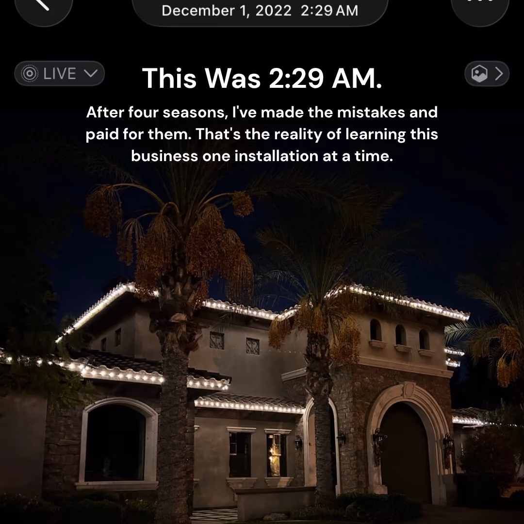 completed mansion in white c9 christmas lights at 2 am