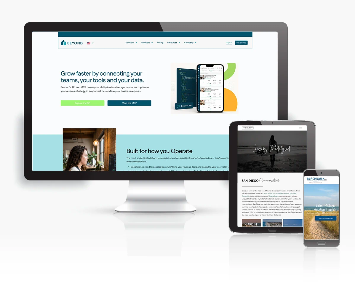 Responsive WordPress and Webflow website designs displayed on desktop, tablet, and mobile devices.